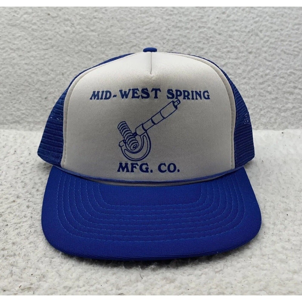 VTG Mid-West Spring Co Trucker Hat Mens Snapback Blockhead Rope Foam Blue White